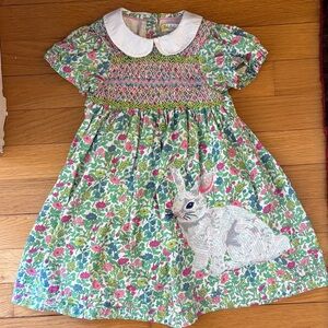Baby Boden 2-3Y Nostalgic Smocked Dress Pink Green Floral Bunny Rabbit Easter